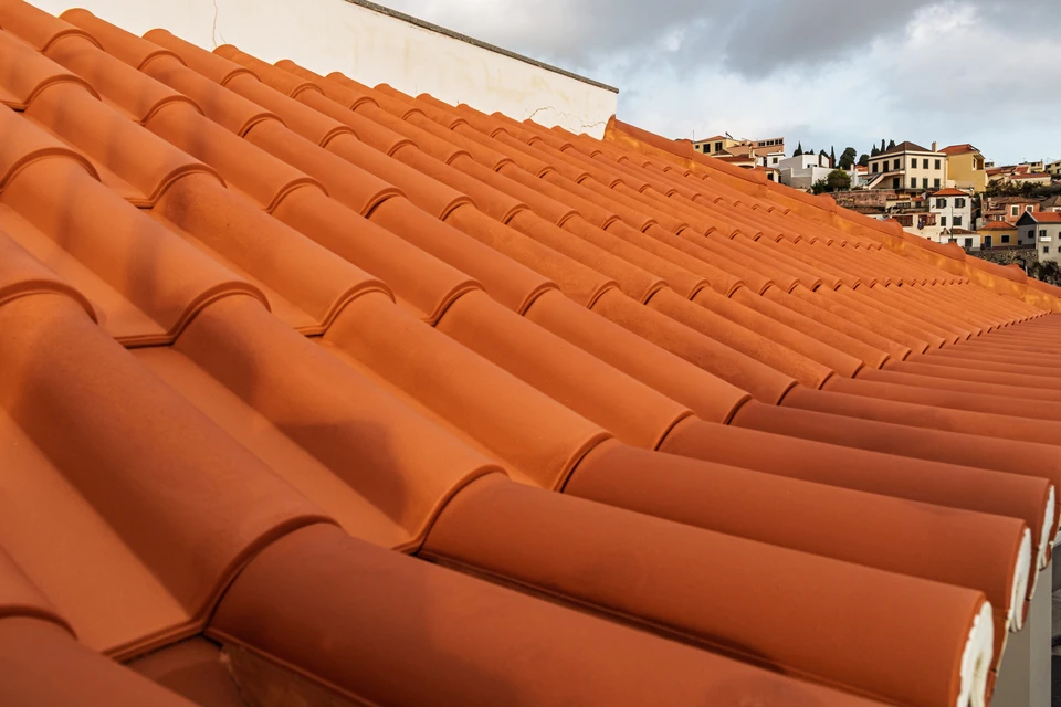 Toiture extérieure avec tuiles mécaniques en terre cuite de couleur grise disposées en rangées horizontales parfaitement alignées