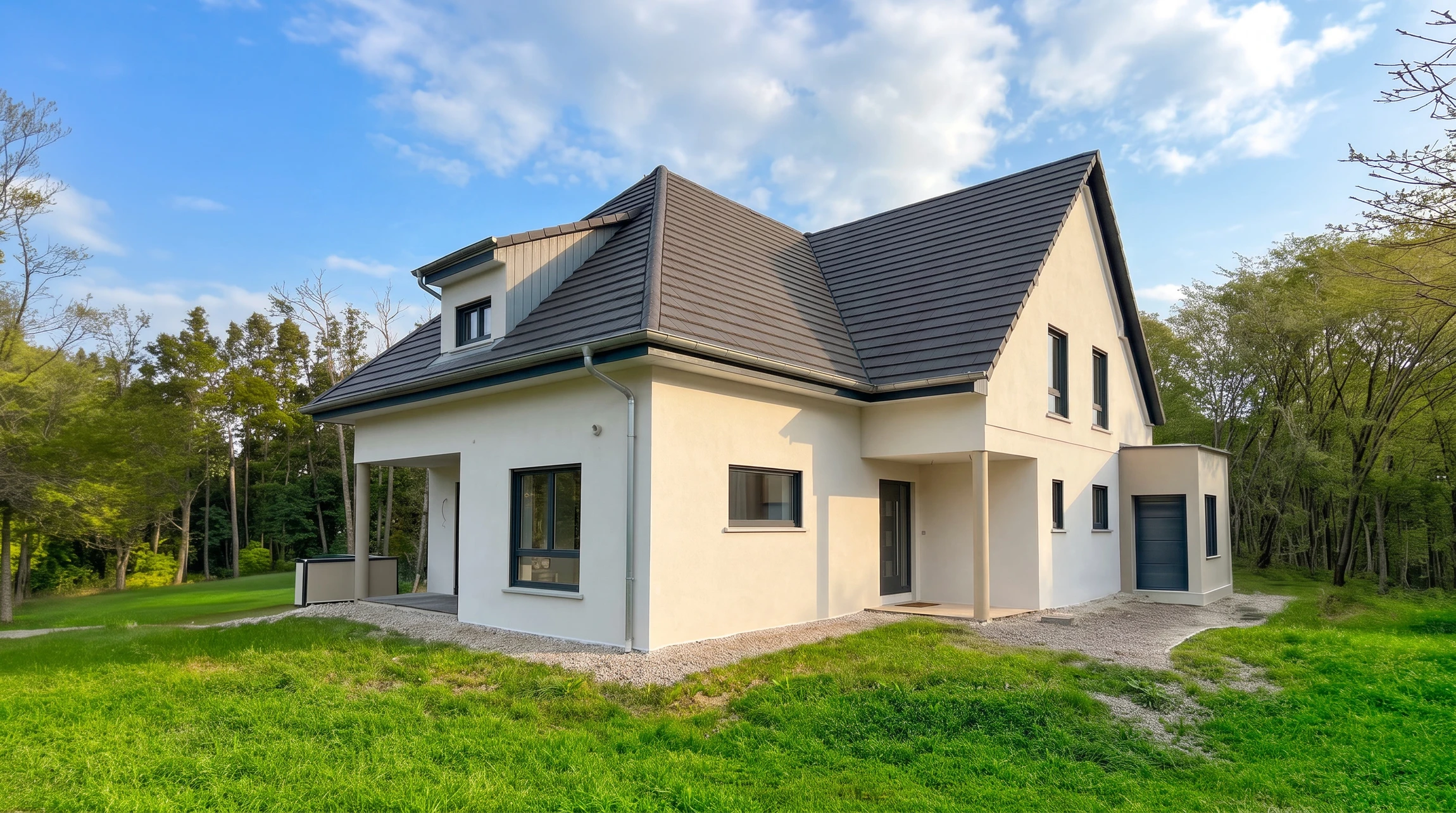Maison individuelle en rénovation avec échafaudage métallique installé sur façade
